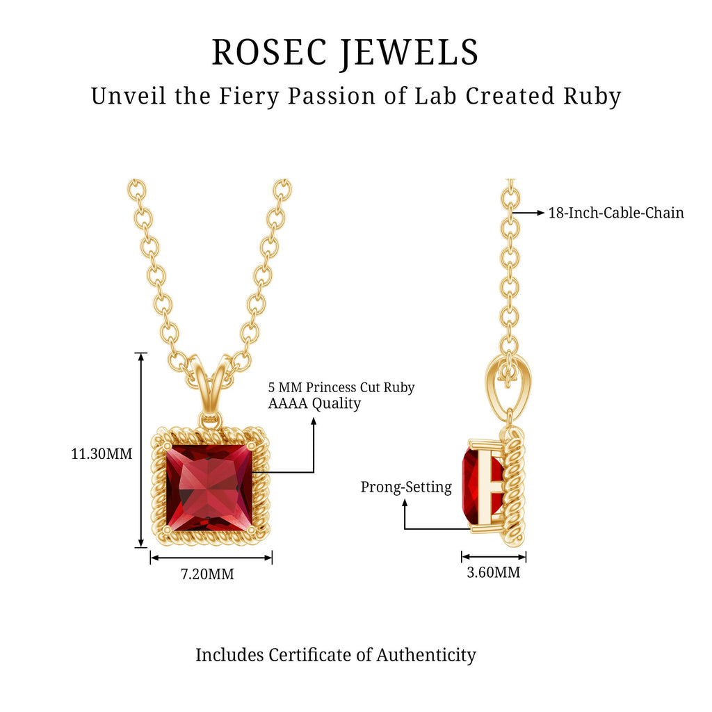 Princess Cut Lab Created Ruby Solitaire Pendant with Rope Frame