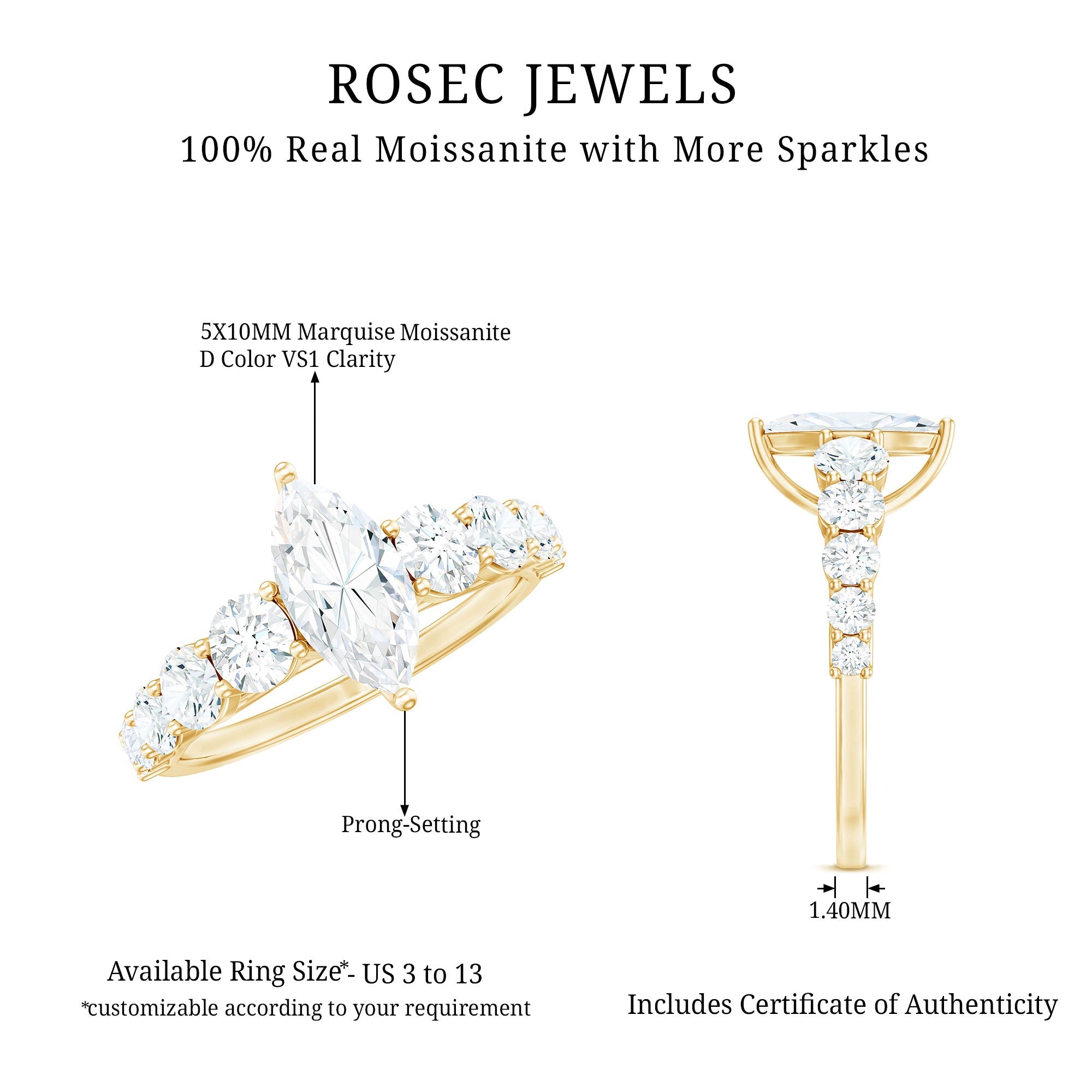 Marquise Cut Moissanite Engagement Ring with Side Stones